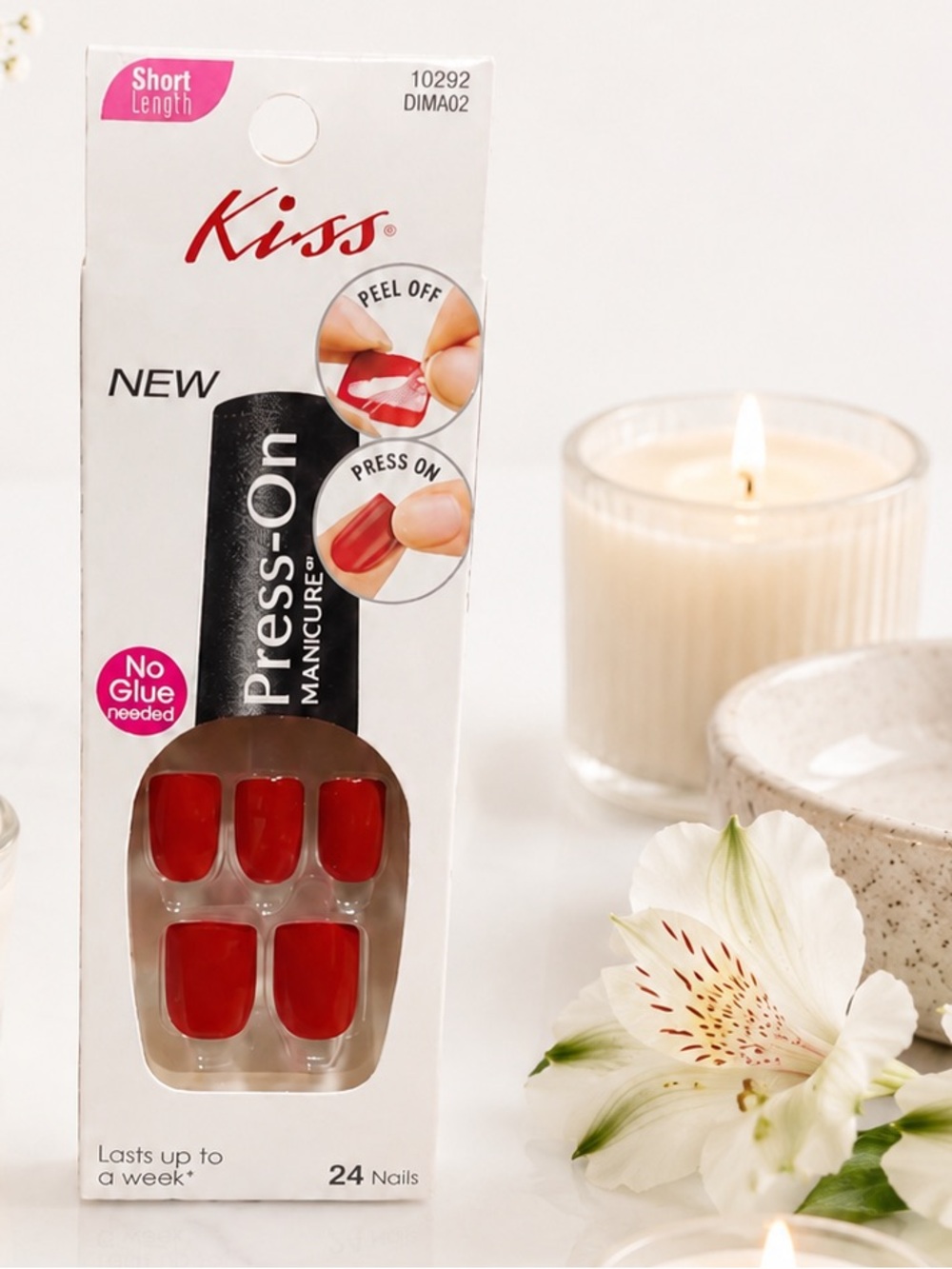 KISS Press-On Manicure Nails Short Length Red | 24 Nails | No Glue Needed